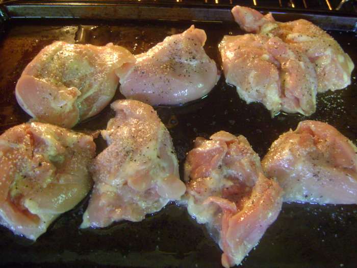 Step one: Cook the chicken ahead of time so it will be cooled enough to cut for the assembly of the casserole. Salt and pepper generously.