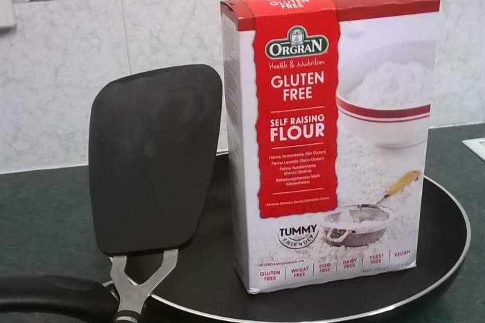 Nonstick frypan and plastic spatula. Also, my favorite gluten-free self-raising flour we sell at my chemist where I work (and apparently supermarkets sell it, too).