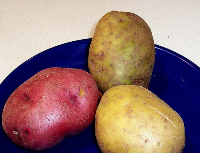The high-starch Russet potato, great for baking, comes apart easily when cooked. Medium to low-starch varieties, such as red potatoes and Yukon Golds, hold together better and thus are more suitable for stews. So ignore that Russet in the middle.