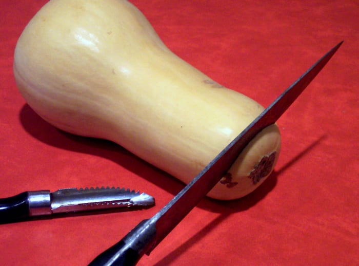 If you are not purchasing already peeled squash, simply cut off the end then, using a paring knife or a potato peeler, peel off the outside skin. One large squash should do.