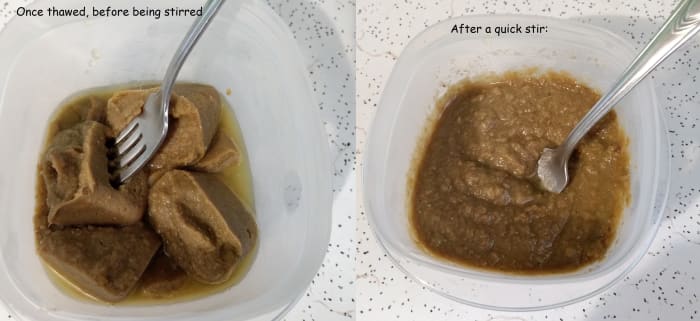Lentils and mixed veggies looking particularly gross upon thawing in the fridge... but after a quick stir, the "cubed" baby food goes back to that expected baby-food consistency you had originally frozen!