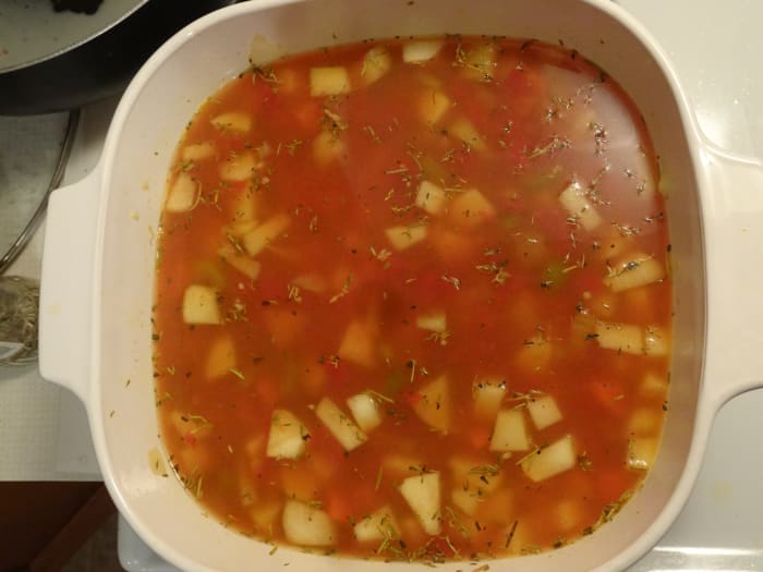 Step 1: Cook vegetables until they start to soften, stirring occasionally. Add herbs, turmeric, and cayenne pepper; stir and cook 1 minute. Stir in broth and tomatoes, bring to a boil.