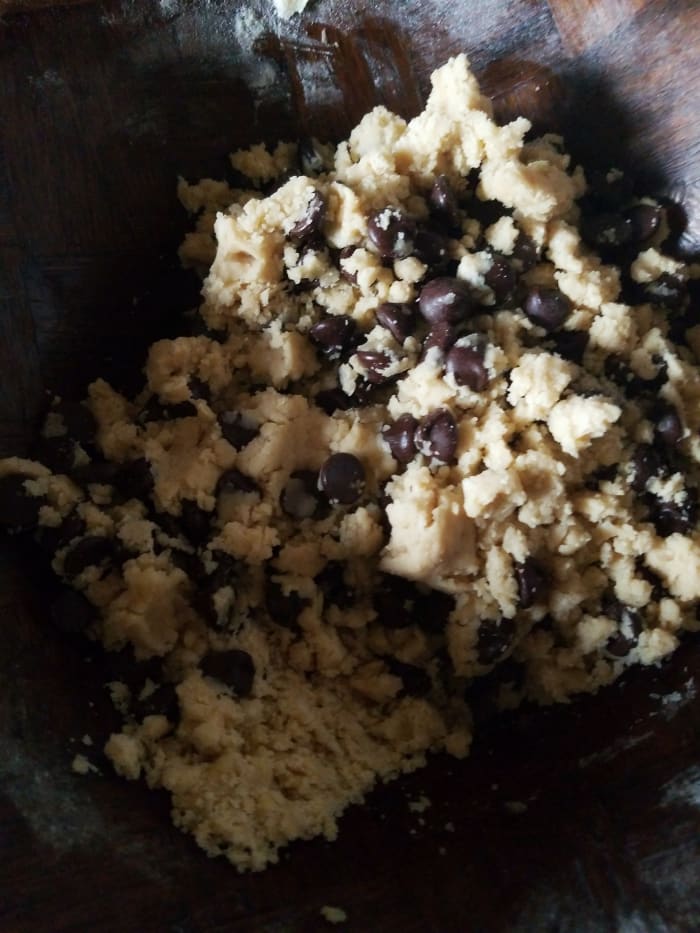 Stir in vanilla, water, and vegetable oil. Mix well, then stir in chocolate chips. This chocolate chip cookie dough looks good enough to eat!