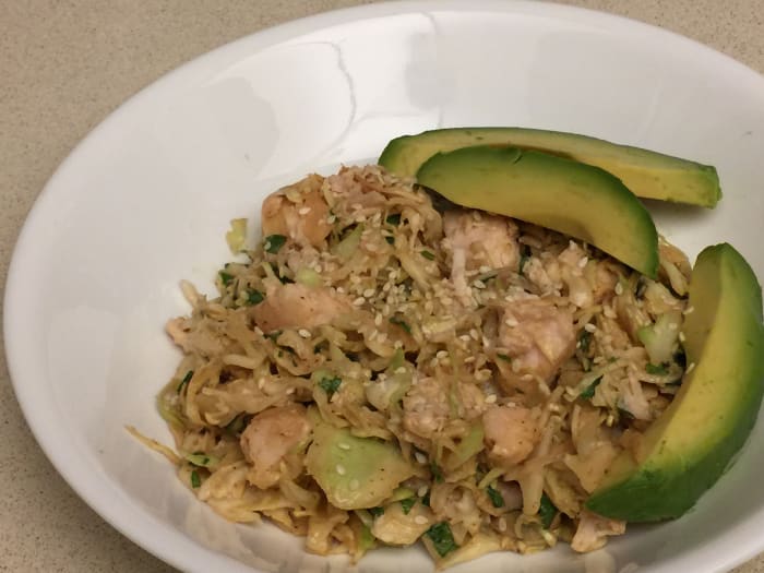 Trim Healthy Mama recipe with chicken, shredded cabbage, cilantro, with a peanut dressing