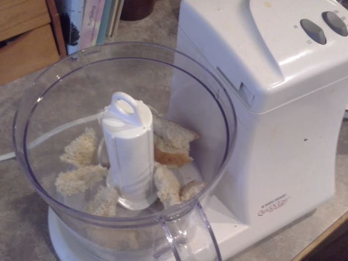 Step Three: For your chicken breading, start by processing your single slice of bread in the food processor