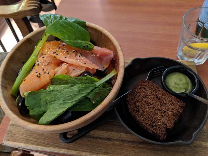Satisfying salmon and mussels. A lunch fit for a king (or queen) at the Vintage Kitchen.