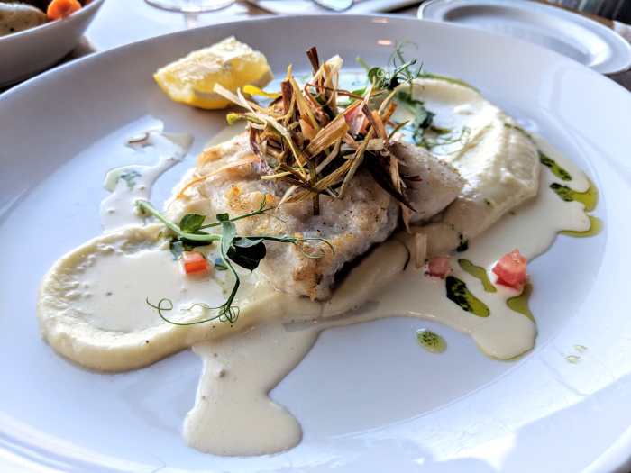 Hake, crispy green onions and potato puree: The hake was the star of the dish at Aqua Restaurant.