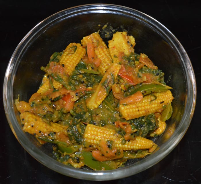 Now, your favorite baby corn and spinach easy curry is ready! Serve it with steamed rice, fried rice, or flatbreads. Enjoy the combo!