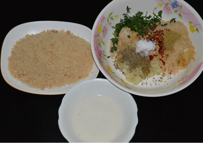 Step one: Mix all the ingredients as per instructions in a large bowl. Keep ready the all-purpose flour batter and bread crumbs.