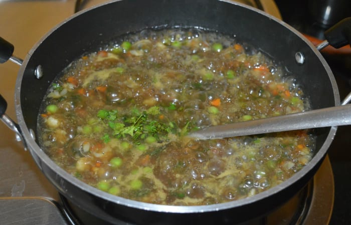 Reduce the heat and cook for 4 more minutes. Check for taste. Add salt if needed. Add chopped coriander leaves. Turn off the heat. Mix well.