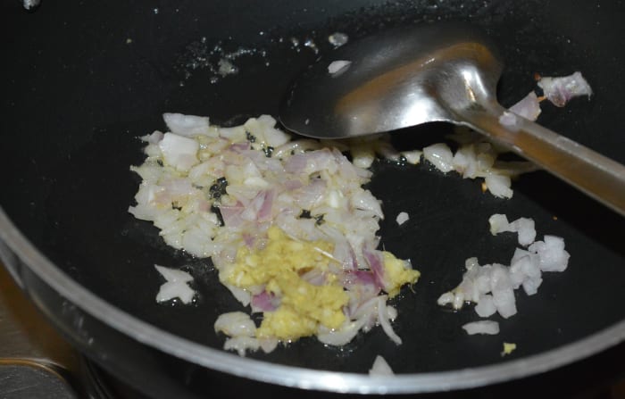 Step one: Heat butter or oil in a deep-bottomed pan. Add chopped onions and ginger-garlic paste. Saute until you get a nice aroma of the roasted spices.