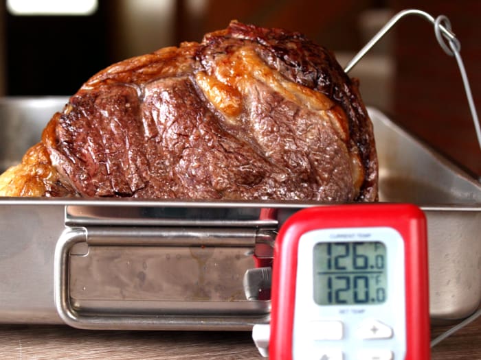 About 1/2 hour before the estimated end of the roasting time, begin checking the internal temperature. Cook until rib roast reaches an internal temperature of 120ºF.