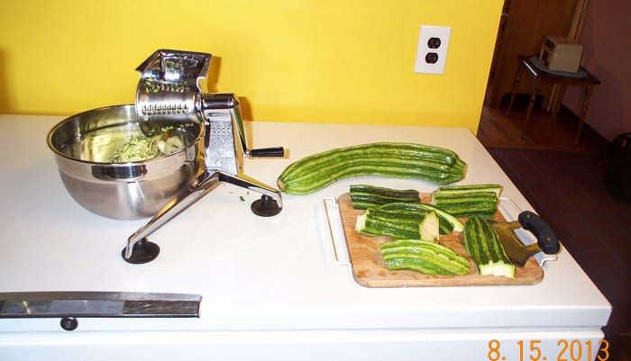 This zucchini got out of hand and grew to club-size! While it has a fairly small seed cavity, shredding is the obvious way to go.