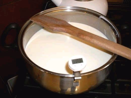 Pour the milk into a pot and warm it to 110 degrees F . . . no more than 115* F. Higher temperatures will kill good bacteria and cook the milk.