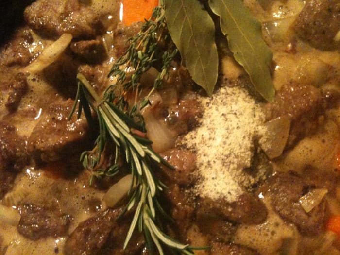 The seasonings—simple! Rosemary, thyme, bay leaf, and garlic form the flavor notes for the rich sauce.