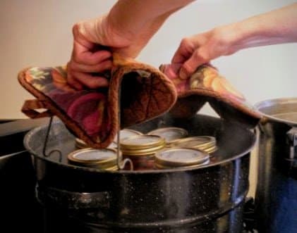 Lift rack into canner carefully, or place jars in one at a time with a jar lifter. Water should be at a hard boil, covering jars by about 1 inch.