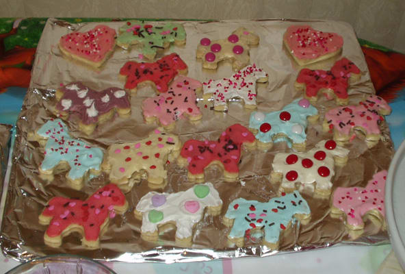 We made and decorated horse shaped cookies for Lacey's 12th birthday to go with her cake. The recipe is below.
