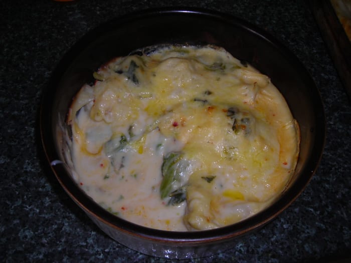 The finished cauliflower cheese. Some people like it like this; others prefer it to be more browned on top, like the one in the introductory photo.