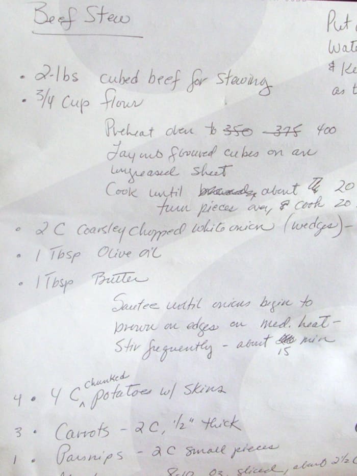These detailed notes show the order in which I created the beef stew. The organization and format of this first draft will change dramatically by the time the recipe is finally written.