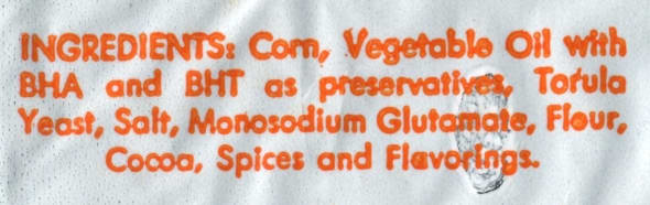 The original ingredients: photographic Evidence that the new Taco Doritos are not the same! (The original image is of the entire bag, I just cropped and enlarged the ingredients list.)