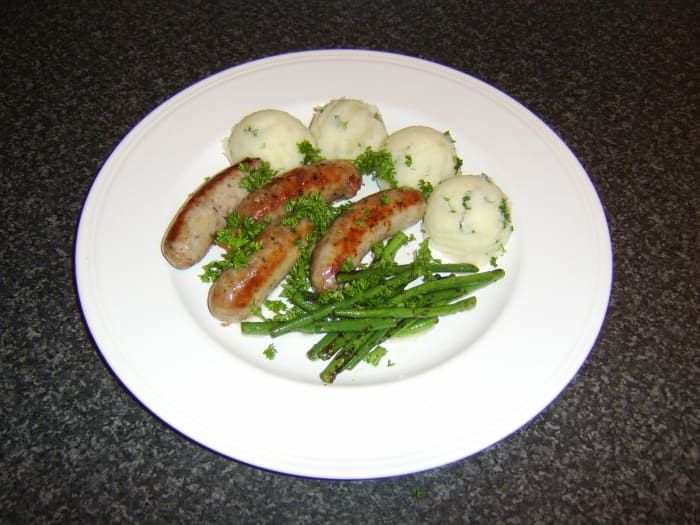 Simple bangers and mash and beans doesn't have to mean ordinary supermarket bangers, packet mash and baked beans in tomato sauce...