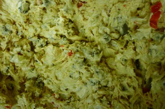The cookie batter looks like this after the final addition of the nuts, dates and maraschino cherries.