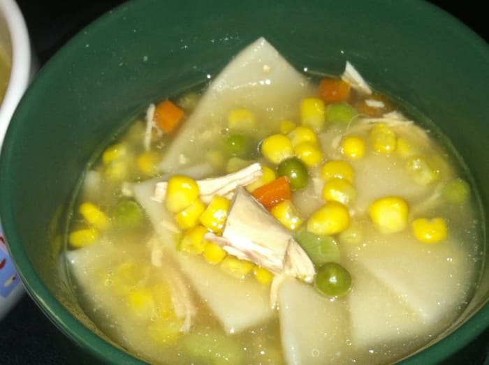 Turkey and Dumpling Soup made with diced leftover turkey, mixed vegetables, and frozen dumplings