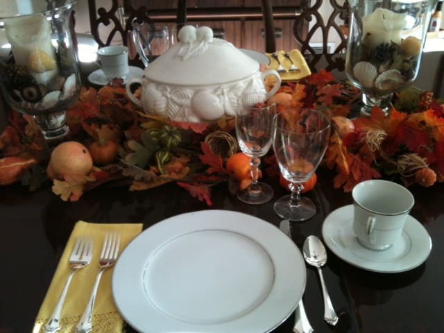 Fall or Thanksgiving table setting idea. Make your table setting interesting. Have fun with decorations appropriate for the season and the occasion.