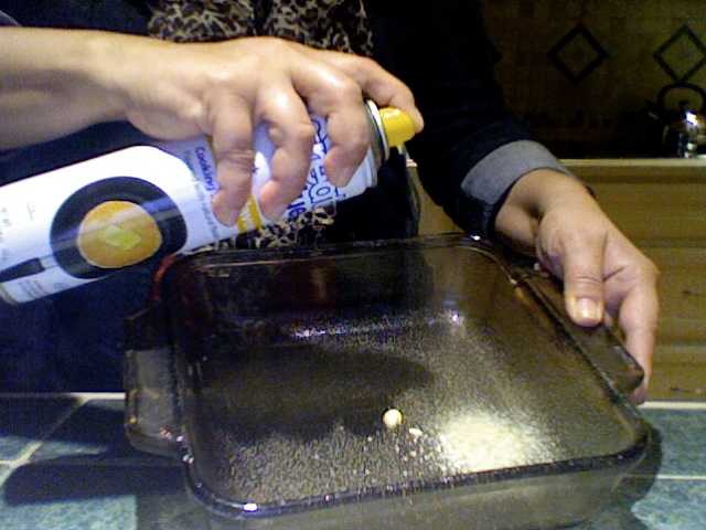 Spray a 9 x 9 pan or glass dish with cooking spray. I used the generic Wal-Mart brand, butter-flavored.