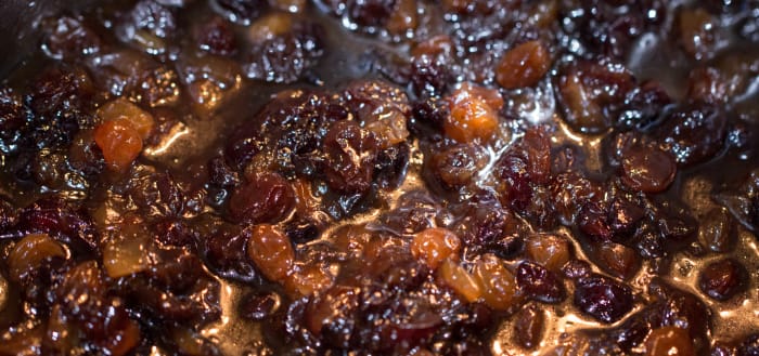 Here, I boil the dried fruits with crushed pineapple, sugar, spices, bicarbonate of soda and butter. Look how plump the fruits are!