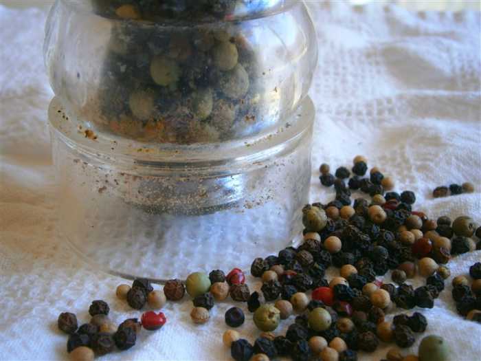 I love to use all the colors of pepper in one blend. Look closely to see my well-used pepper grinder.