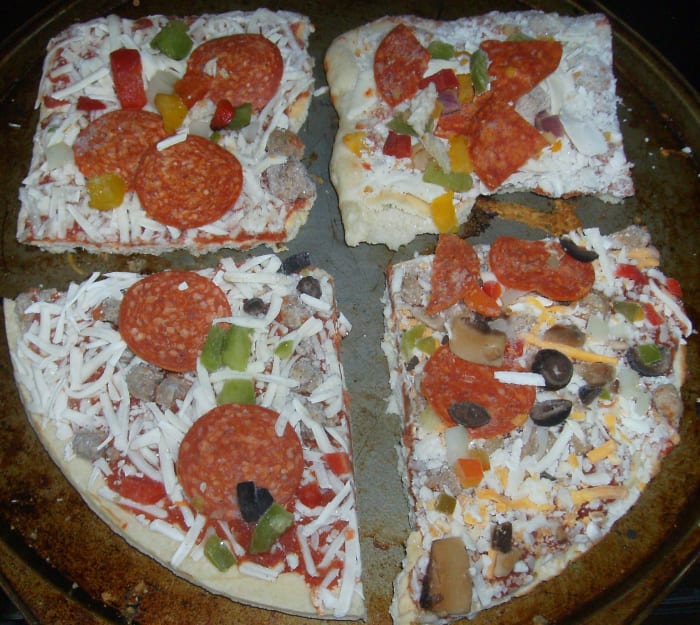 Note how frozen DiGiorno and Freschetta look alike (two square pieces at top of photo) and how Red Baron and Tombstone (two bottom pieces) resemble each other. Bottom right is the Red Baron; you can see it has more ingredients than the others.