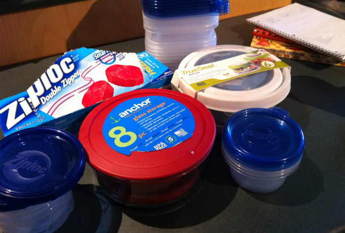 Stock up on bags, tupperware and other reusable and disposable containers for your freezer meals.