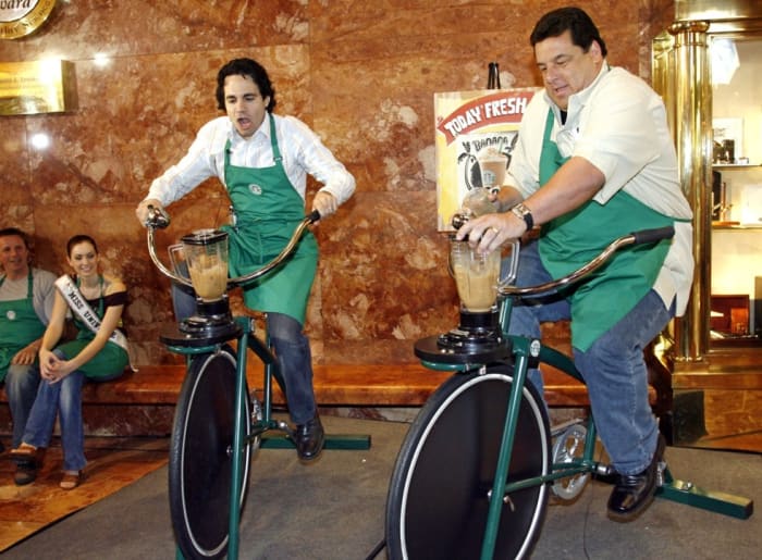 I'm not positive what Mario Cantone, Steve Schirippa and Natalie Glebova are doing here, but this is one of my favorite Starbucks related pics.