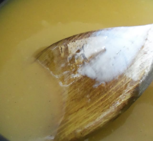Remove from heat and stir in the vanilla, lemon juice and heavy cream to create a smooth texture.