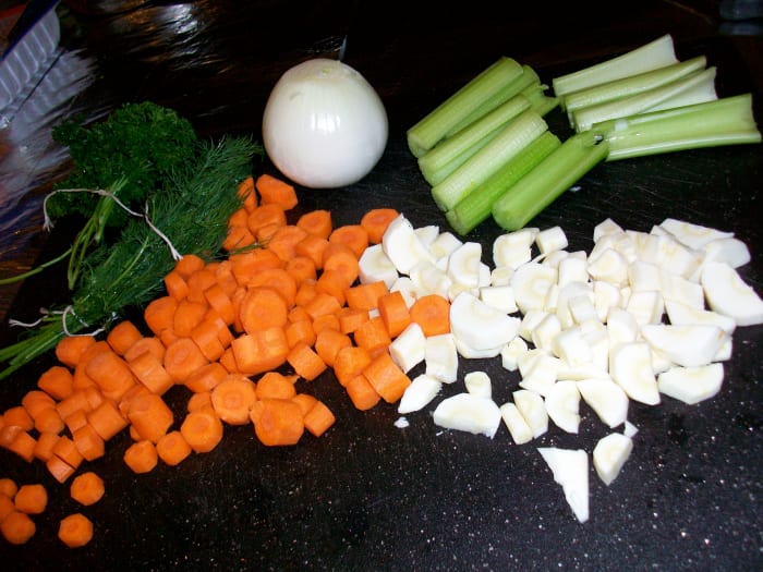 Parsely, dill, onions, celery, parsnips, and carrots: the veggies and herbs you need for a traditional Jewish chicken soup.