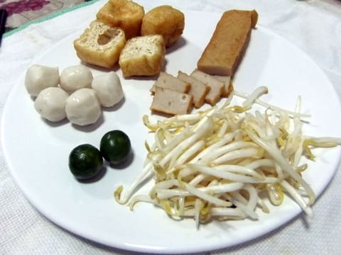 fish balls, Tofu balls, sliced fish cakes, beansprouts and calamansi lime: for the Mee Kari