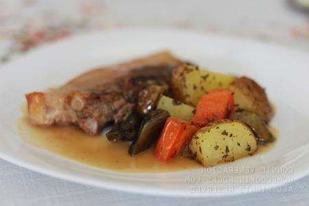 Here we have country style pork ribs cooked with vegetables. My Grandma used to make this all the time and it's delicious.