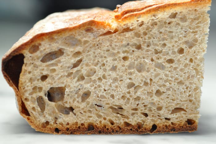 The "over-proofed" loaf. But it turned out ok. Using Pietro Porcu's method of structural shaping seems to produce a more closely textured bread. Image: © Siu Ling Hui