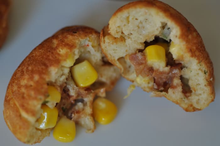 Corn, coriander and chilli ebelskivers filled with bacon jam (a wonderful new product from my butcher). Image: © Siu Ling Hui