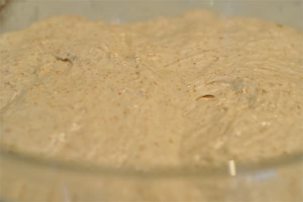 About 3 hours into bulk fermentation at ambient temperature of around 17°C. Dough has been turned several times inside the bowl. Becoming smoother and aerated.