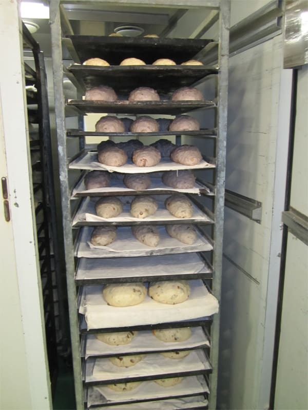 Sourdough loaves are not put into the proofing cabinet. Instead, they undergo final rise in the cool room or outside the proofing cabinet.