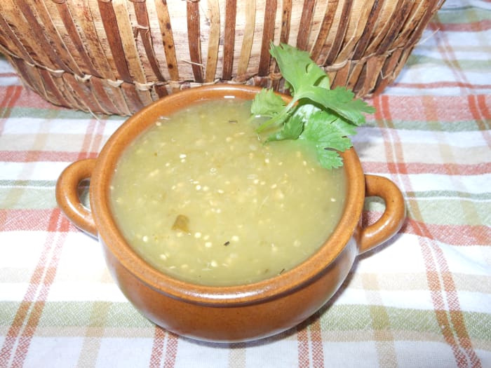 Here is a serving suggestion for a typical salsa verde recipe. This variation was prepared by boiling the ingredients and then blending them with a bit of water.