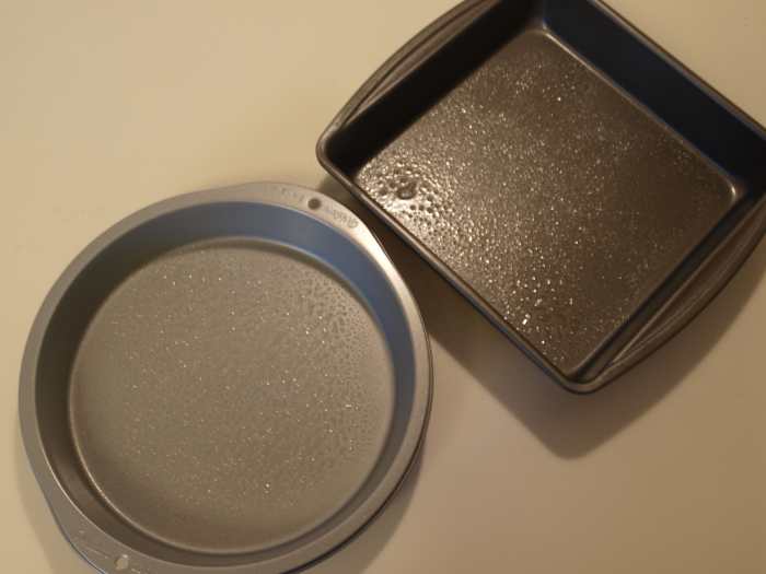 Prepare one square and one circular pan by spraying cooking spray on the bottoms. I used a 9" square and a 9" circular pan. If you do not have these sizes, others will do, but you may have to trim down the cake as needed.