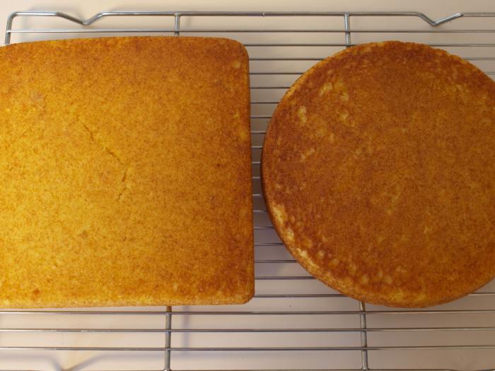 Follow recipe directions for baking. Allow cakes to cool completely on a baking rack before cutting and frosting.