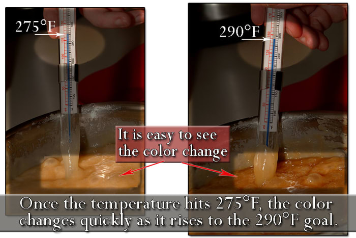 At 275°F the color will begin to change rapidly. When you just hit 290°F, remove from heat immediately.
