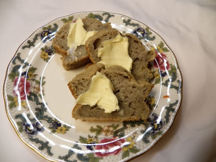 Banana Bread with fat-free butter. My family ate this no-sugar, no-fat banana bread all up. No one even knew the difference!