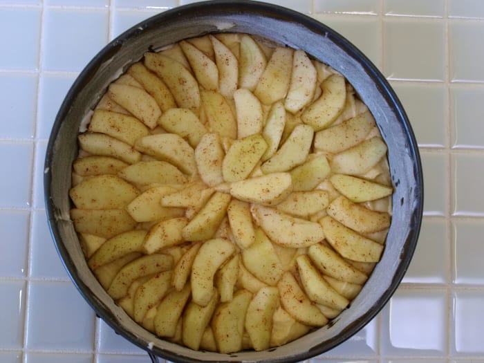 Place the prepared apples in a pattern of your choice. The dough will rise and bake through the apples.
