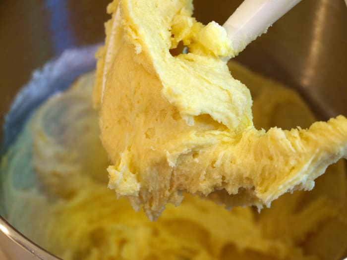 Combine ingredients as directed until well mixed. Here is the apple cake dough ready for the pan. As you can see, it is a thick dough.