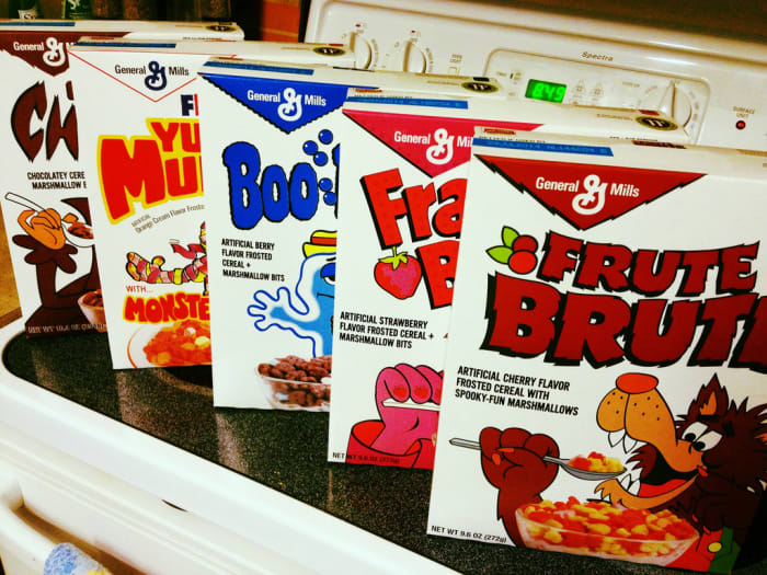 General Mills Monster Cereals in Vintage-Style Boxes (From Left to Right: Count Chocula, Yummy Mummy, Boo Berry, Franken Berry and Frute Brute)